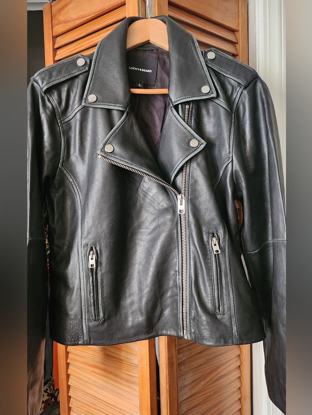 Lucky Brand Black Leather Moto Jacket with Asymmetric Zip